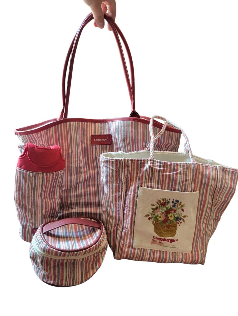 Vintage Lonaberger Market Stripe 4 Piece Set - Totes, Cosmetic Bag, Water Bottle